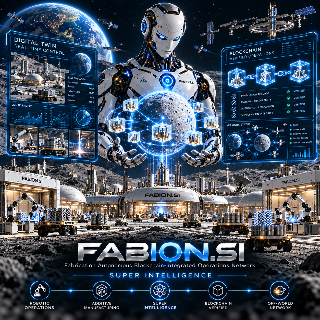 FABION.SI Super Intelligence coordinating autonomous lunar manufacturing, digital twins, blockchain-verified operations and an off-world industrial network